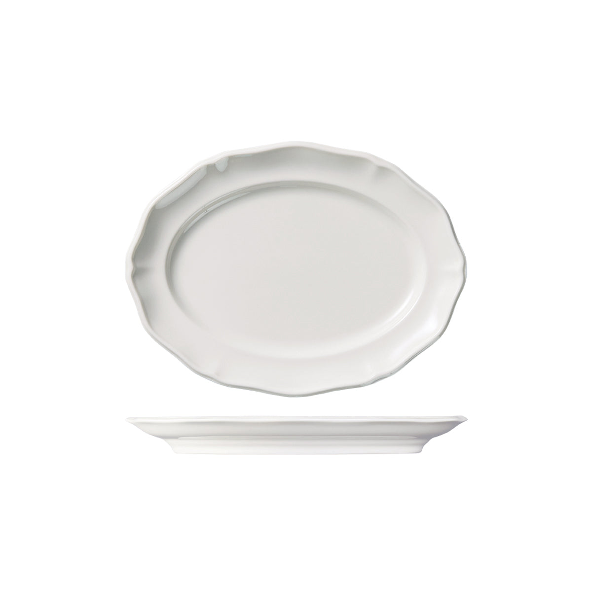  94322 Luzerne Astoria White Oval Scalloped Wide Rim Plate 250x190mm Globe Importers Adelaide Hopsitality Supplies