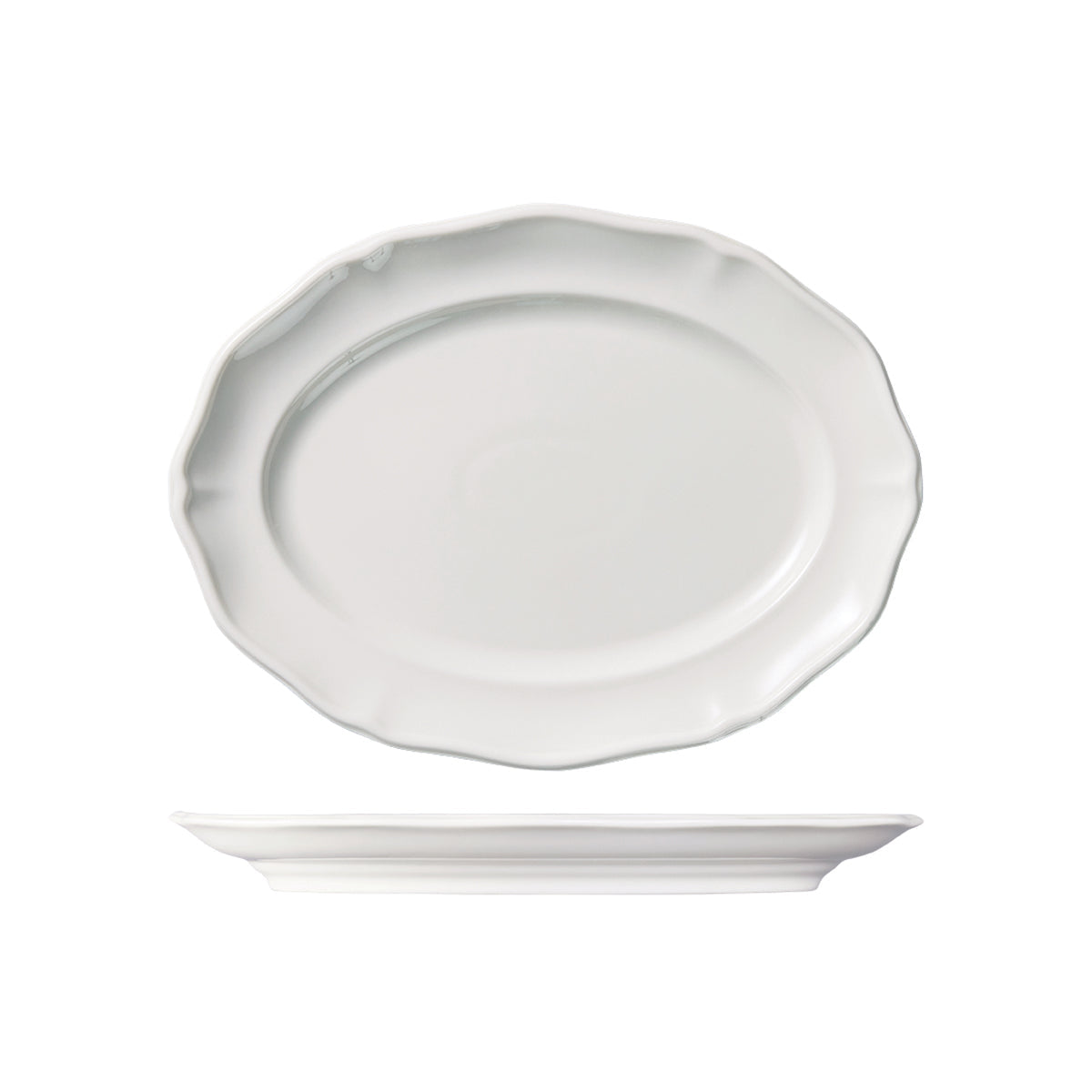  94323 Luzerne Astoria White Oval Scalloped Wide Rim Plate 300x230mm Globe Importers Adelaide Hopsitality Supplies