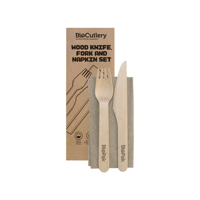 BioPak Coated FSC™ Wooden Fork, Knife & Napkin Set 160mm (400/ctn)