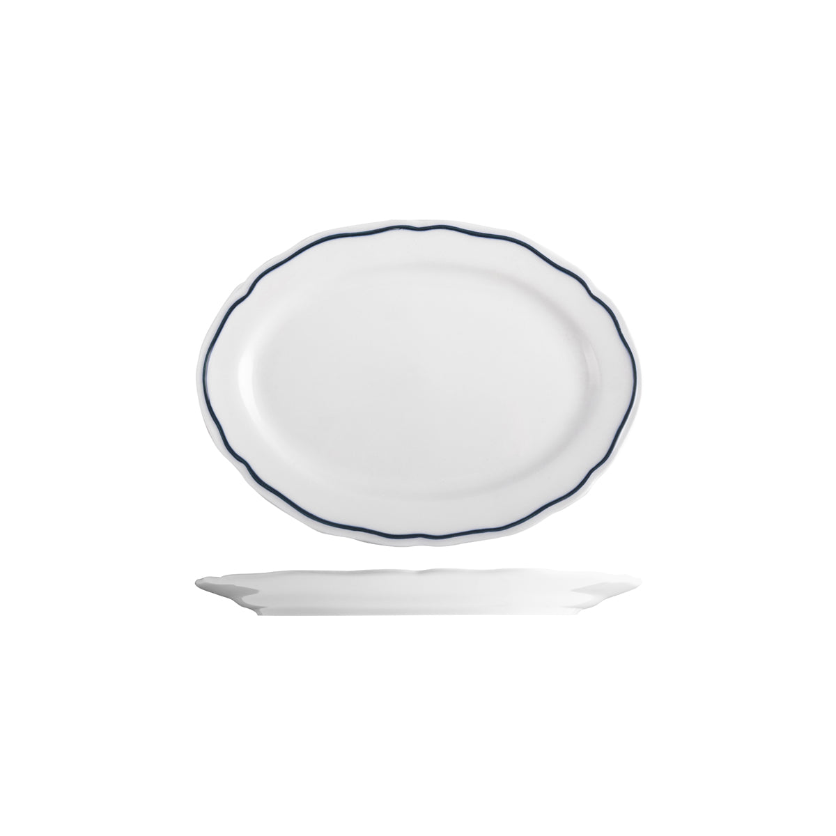 Tuxton Charleston Oval Wide Rim Plate 230x152mm with Blue Rim