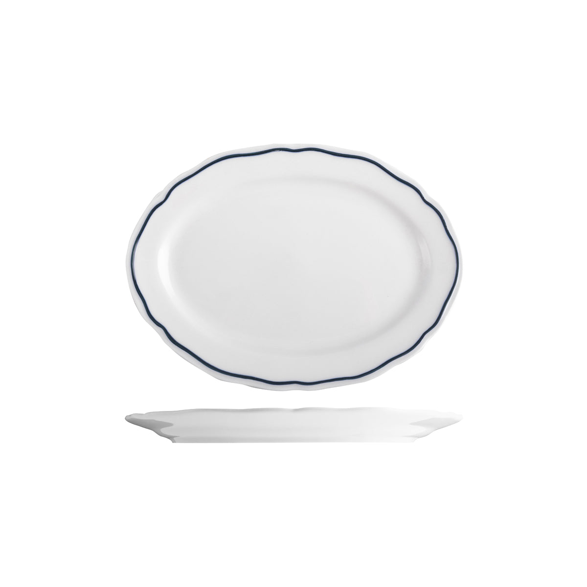 Tuxton Charleston Oval Wide Rim Plate 270x197mm with Blue Rim