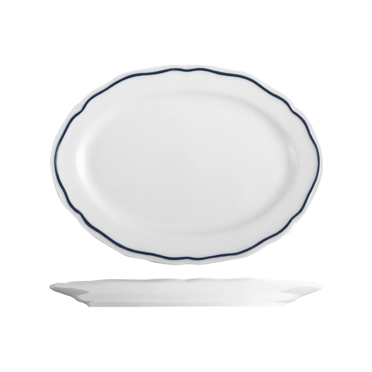 Tuxton Charleston Oval Wide Rim Plate 320x225mm with Blue Rim