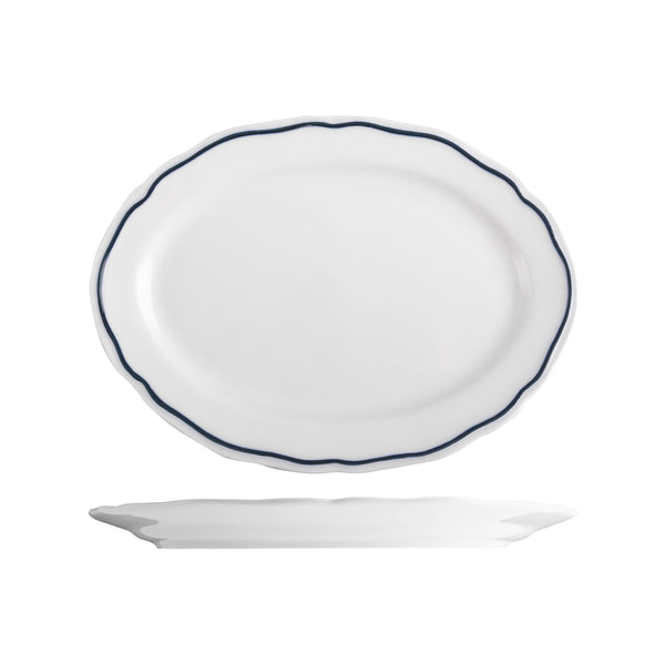 Tuxton Charleston Oval Wide Rim Plate 320x225mm with Blue Rim
