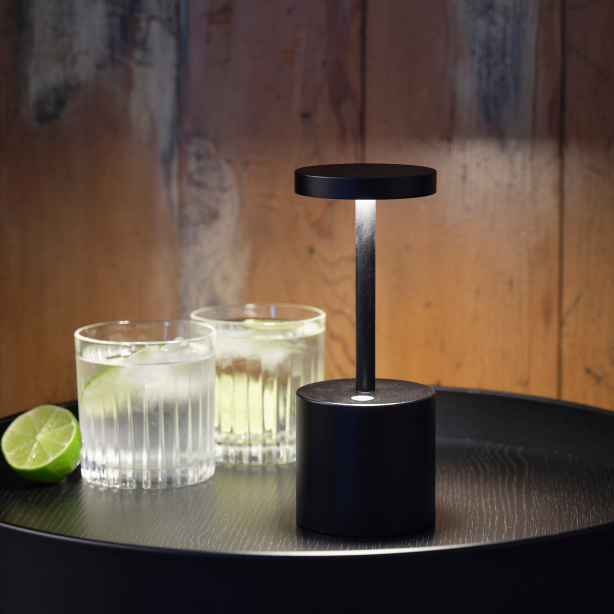 1000142 Tablekraft Ambience Charlotte Cordless LED Table Lamp Oxide Black 80x200mm Globe Importers Adelaide Hospitality Supplies