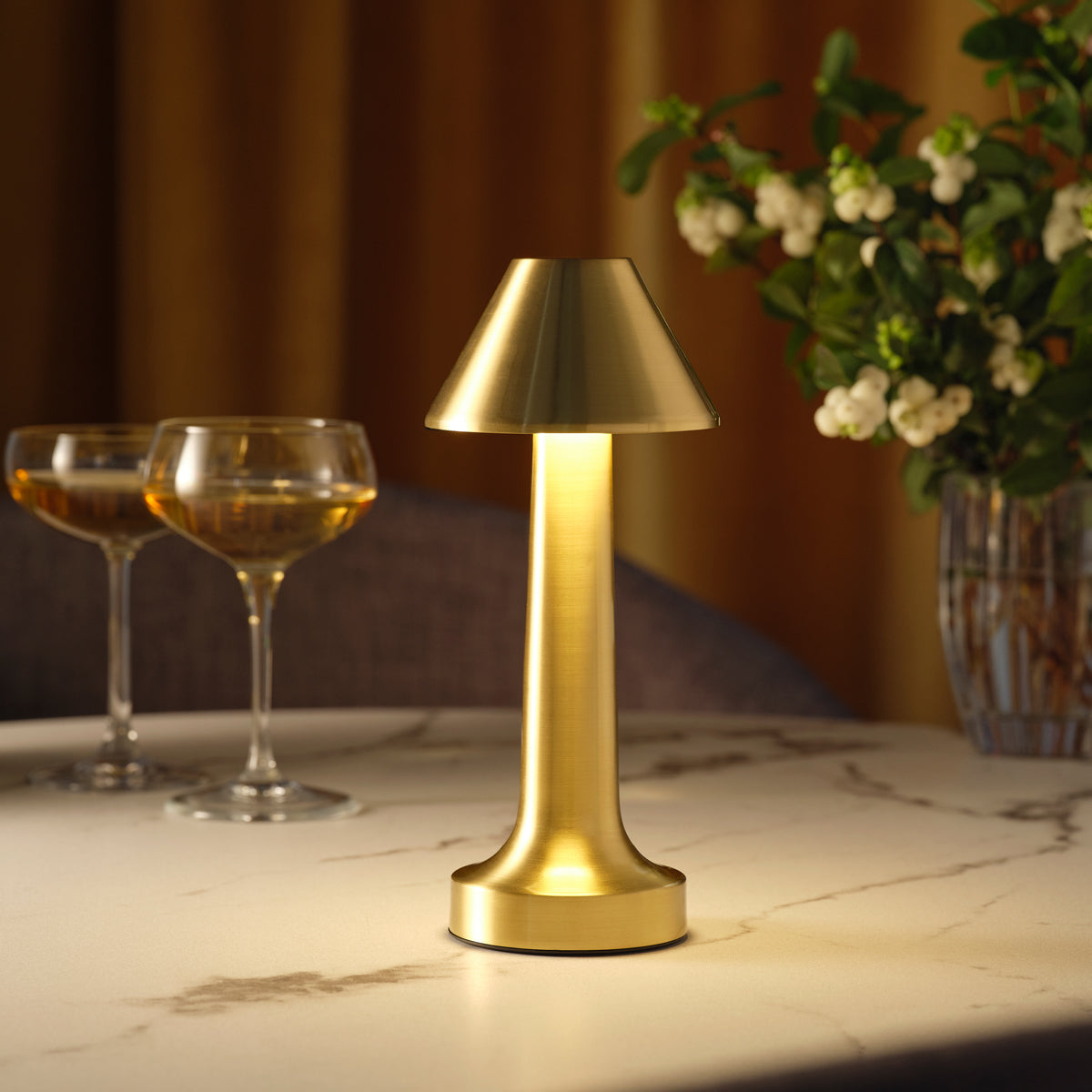 1000100 Tablekraft Ambience Helena Cordless LED Table Lamp Brushed Brass 97x220mm Globe Importers Adelaide Hospitality Supplies