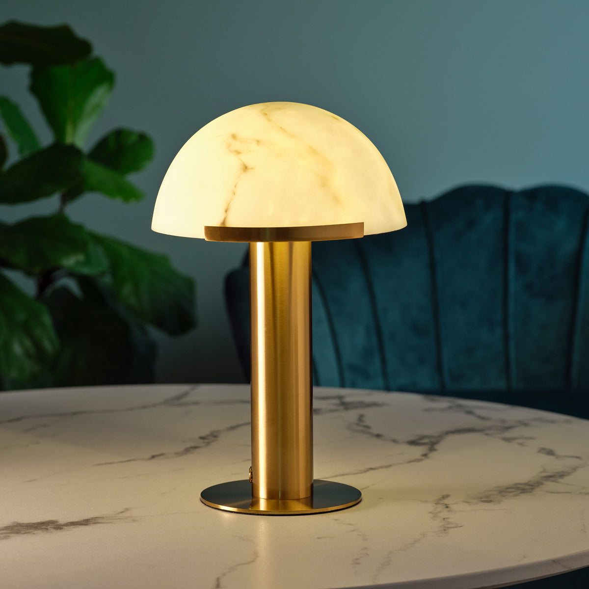 1000210 Tablekraft Phoebe Cordless LED Table Lamp Brass with Alabaster Shade 300x420mm Globe Importers Adelaide Hospitality Supplies